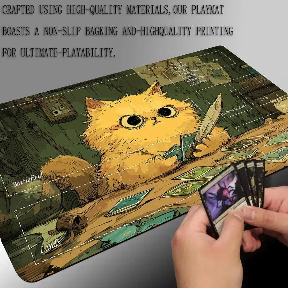 tapis jeu illustration chat cartes texturé zones jeu vert beige bleu clair art détaillé