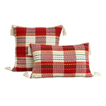 housses coussins carrées jacquard géométriques coton linge adhésives boho chic rouges blanches vertes maison
