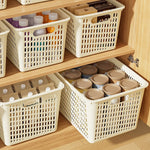 panier rangement perforé moderne poignées réutilisable articles divers boîte plastique beige clair