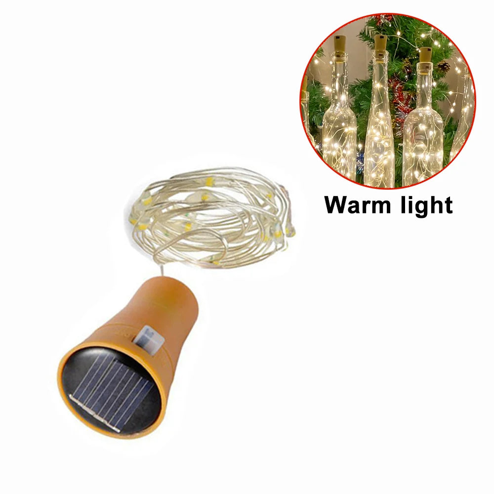 guirlande lumineuse solaire 20 led blanc doré moderne adhésif 2m câble 10 capuchons bouteille