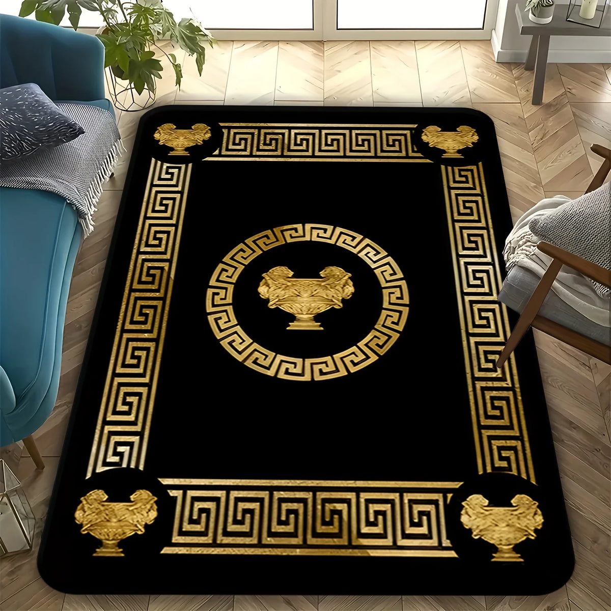 tapis géométrique doré coq or noir polyestère salon chambre élégant classique
