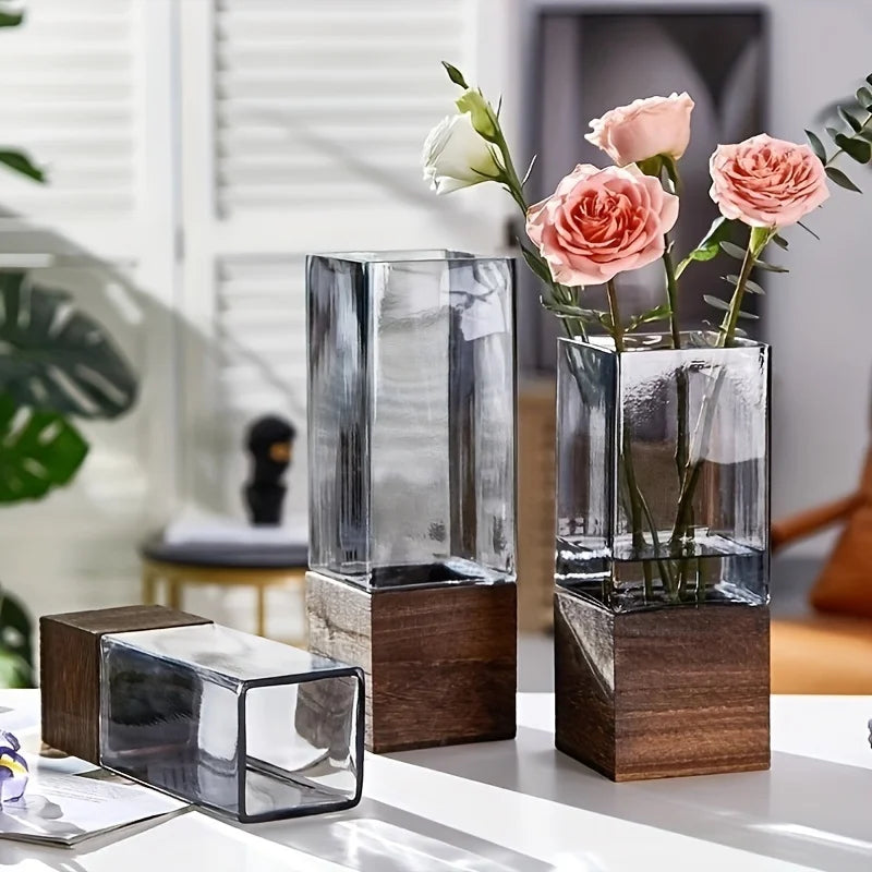 vase transparent noir moderne rectangulaire strié durable bois minimaliste 10x25cm 10x30cm 12x25cm 12x30cm