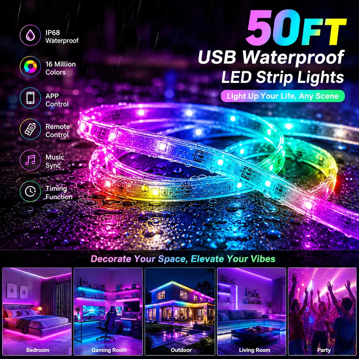 ruban led extérieur étanche ip68 5v rgb multicolore contrôleur distant application mobile decoration festive