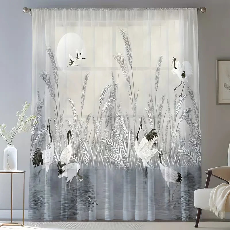 rideau imprimé oiseaux épis blé moderne transparent blanc gris fixations polyester large choix dimensions
