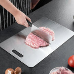 planche découper acier inoxydable argenté moderne poignée intégrée lisse brossée cuisine utilitaire double face