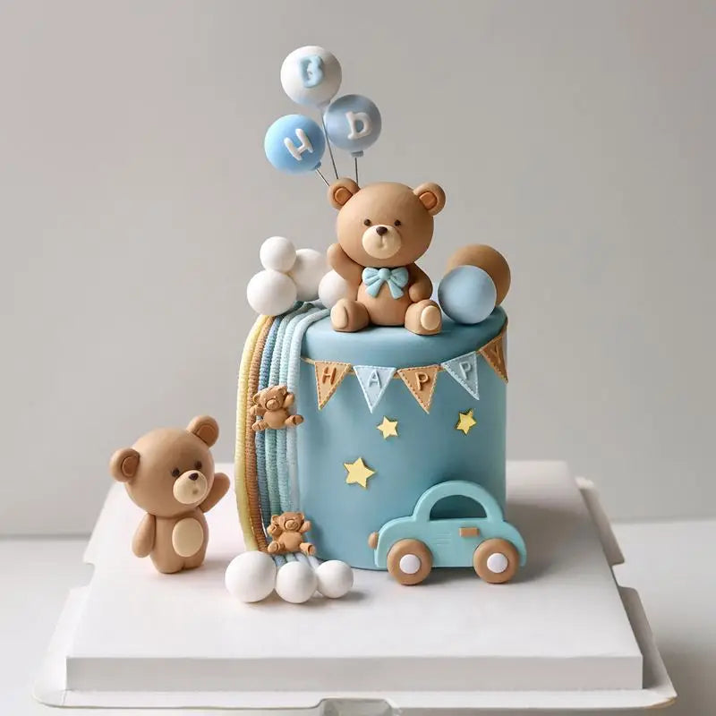décoration gâteau enfant ours bleu voiture ballons étoiles anniversaire révélation sexe baptême thème festif