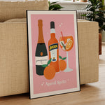 affiche art bouteilles prosecco aperol spritz oranges feuilles vertes texte rose clair illustration cadre