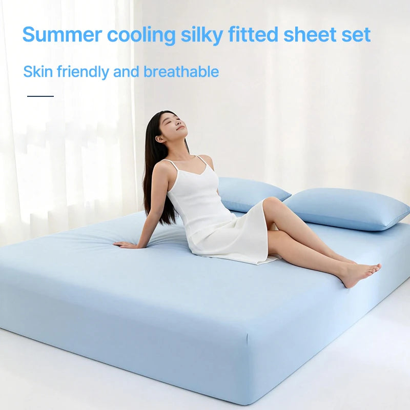 drap housse matelas soie glacée respirant frais été doux coton uni bleu gris moderne
