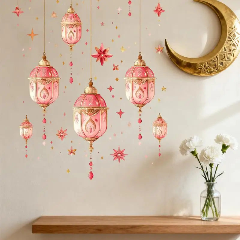 décoration ramadan stickers muraux lanternes colorées lune étoiles dorées floral violet vert rose artisanal