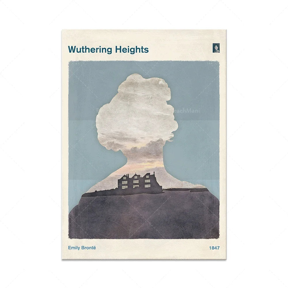 Sur cette couverture de livre, on peut voir le titre de l'œuvre "Wuthering Heights" d'Emily Brontë, ainsi qu'une illustration représentant un nuage en forme de figure humaine surplombant un manoir sombre sur une colline.