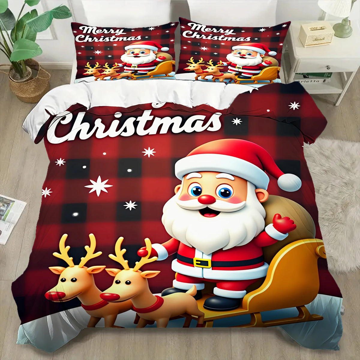 housse couette impression 3d rennes noël carreaux rouge oreillers drap plat simple double enfant