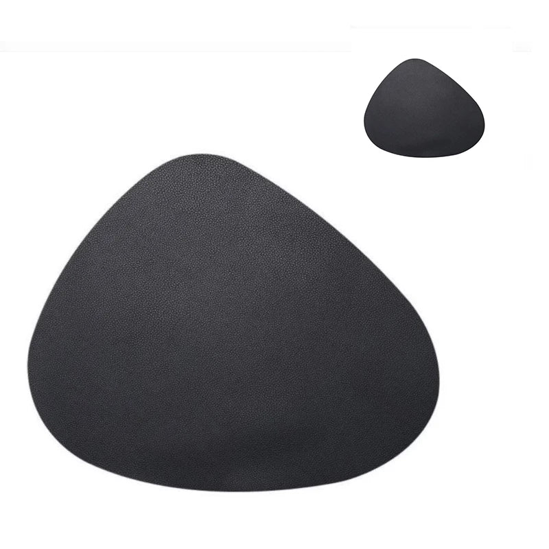 tapis table moderne gris bleu rose assiettes fourchettes cuillères tasses citrons texture cuir respectueux