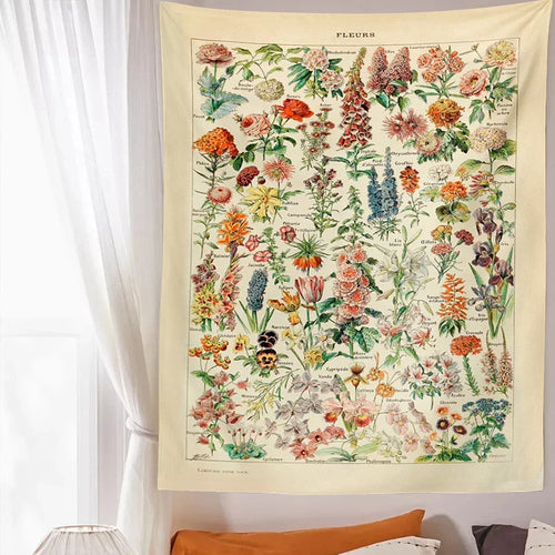 tapisserie murale vintage boho illustrations fleurs champignons beige clair décor maison washable rectangle