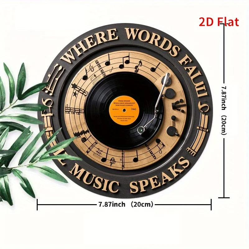 décoration murale disque vinyle notes musicales où mots échouent musique parle noir beige 20cm
