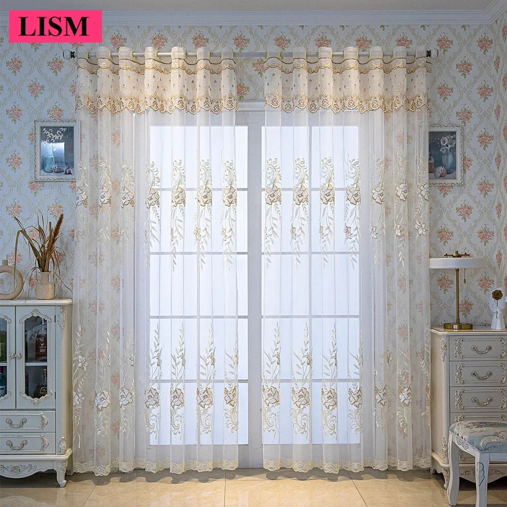rideau blanc doré fleurs brodées transparent classique anneaux fenêtre salon chambre