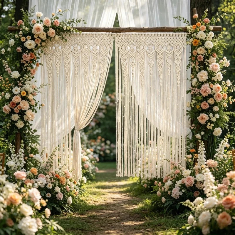 rideau macramé boho chic beige clair franges décoration murale chambre salon