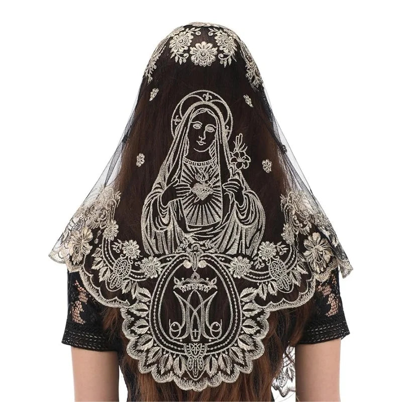voile tête religieux voile mariée dentelle motif floral vierge marie cœur percé transparent traditionnel