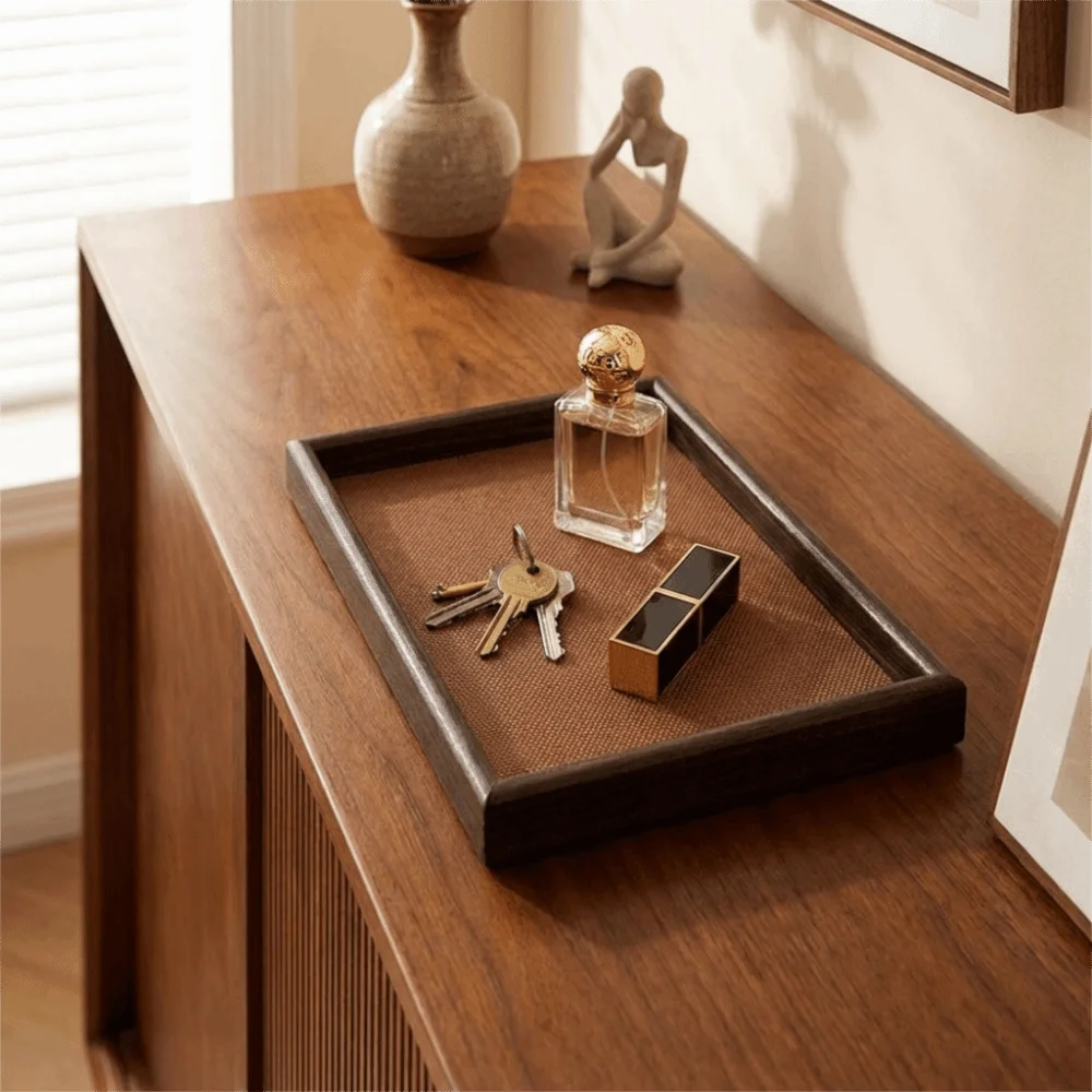 plateau rangement bois moderne marron foncé beige clair cosmétiques bijoux organisation