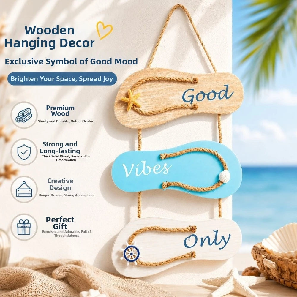 panneau decoratif mural bois bleu clair sandales étoile mer welcome texte plage rustique