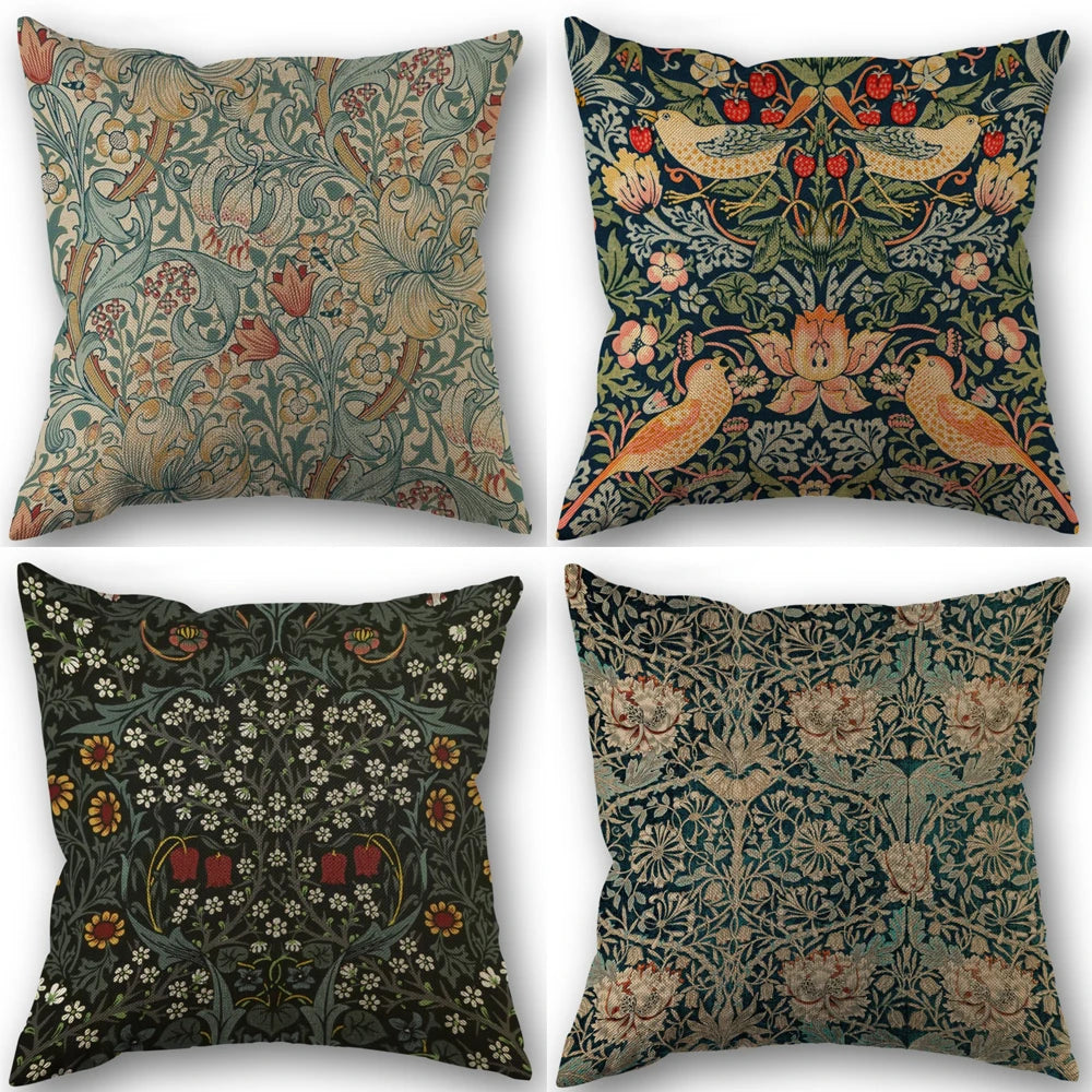 housses coussin lin motifs floraux oiseaux vintage art nouveau bleu marine vert rouge decoration