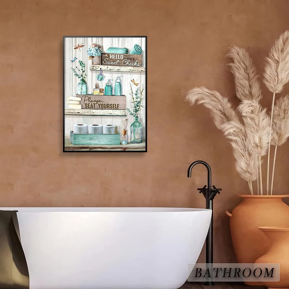 toile d'art rustique vintage bouteilles serviettes fleurs blanc bleu clair beige vert clair mural