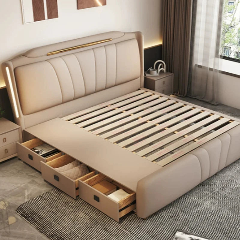 lit moderne bois tiroirs intégrés 182cm 151cm beige simples lignes verticales
