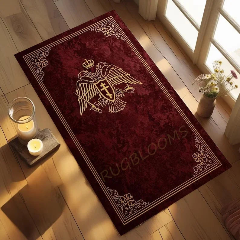 tapis prière aigle byzantin jaune bleu rouge ornement floral classique extérieur moderne polypropylène polyester