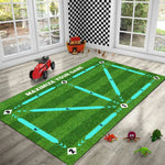 tapis d'entraînement football vert noir blanc jaune imitation gazon marquages géométriques ludique intérieur extérieur