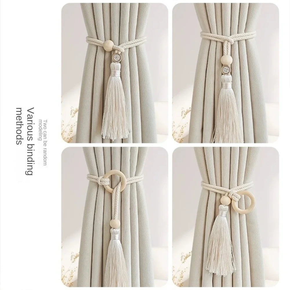 rideaux bohèmes attache corde coton bois pompon frange décoratif scandinave rustic