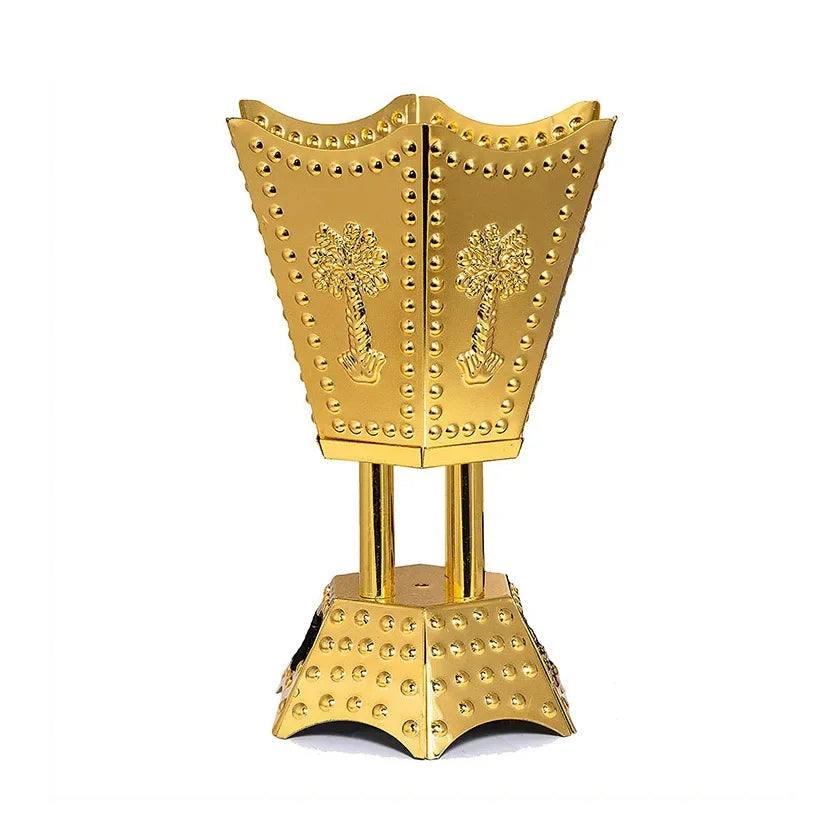 bougeoir incense métal argent or croix sculptées points dorés artisanal salon décoration