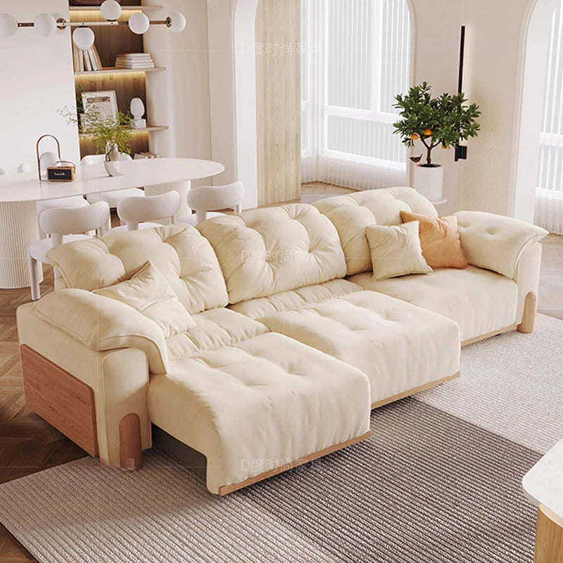 canapé lit moderne beige clair velours oreillers coussins salon chambre confortable