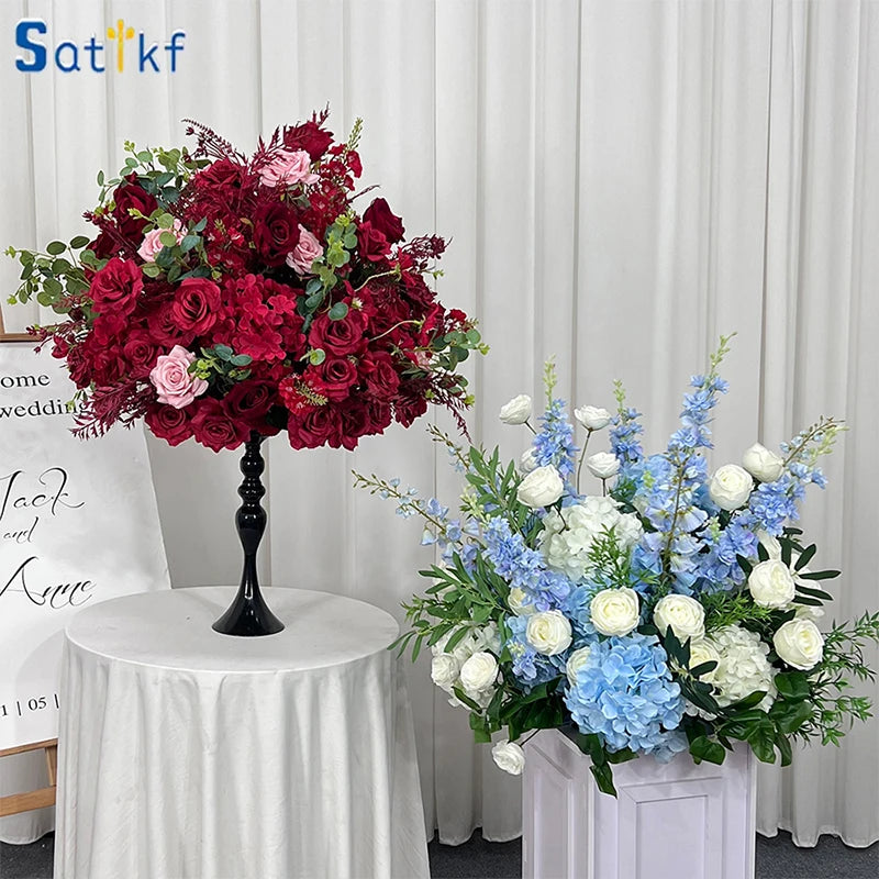 bouquet fleurs artificielles roses hortensias bleus blancs decoration mariage anniversaire exterieur elegante 30cm 50cm