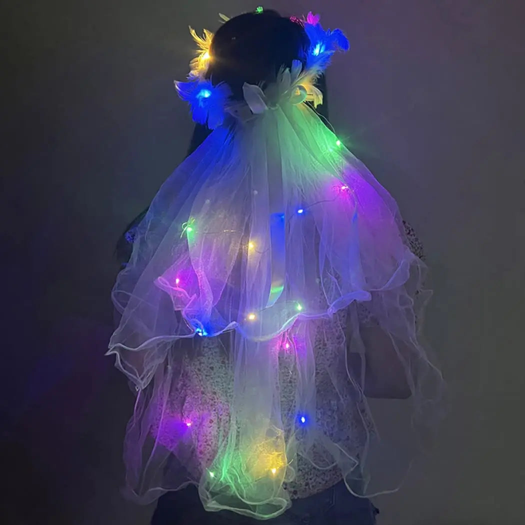 voile mariage lumineux blanc plumes élégant festif clips tulle lumière led 24h bridal shower