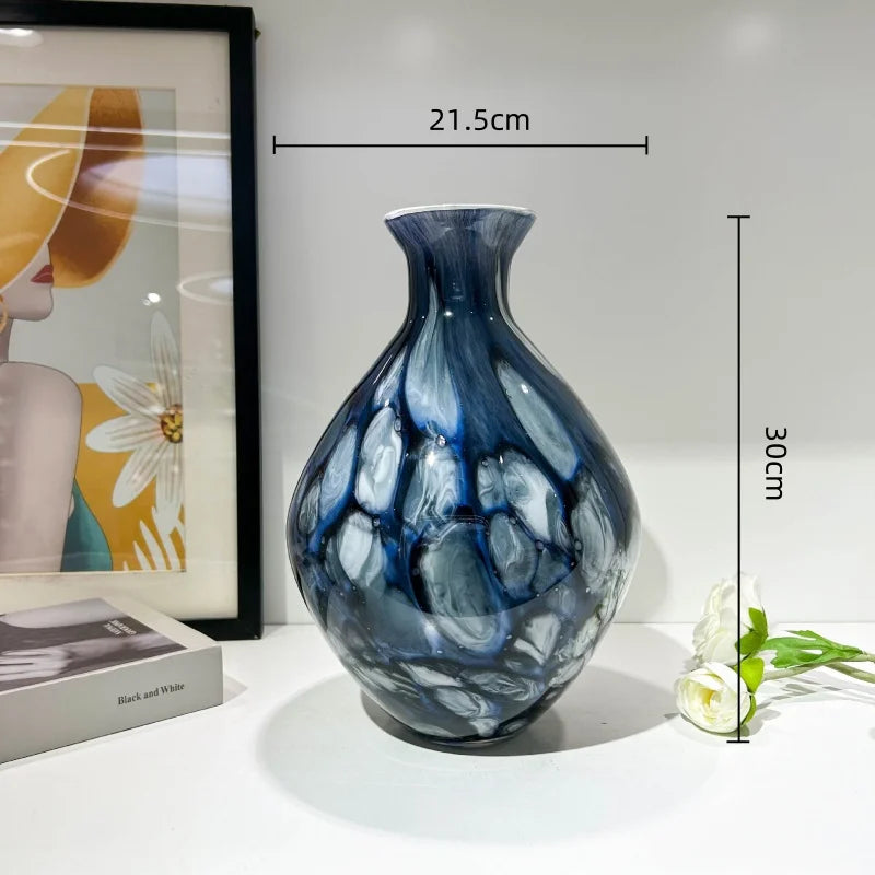 vase moderne verre émaillé bleu marbré pot fleurs décoration maison opaque