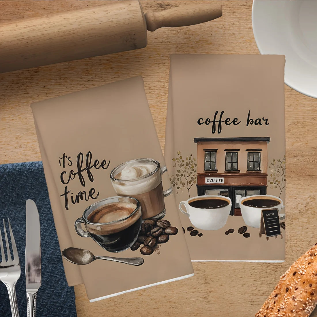 serviettes cuisine motifs tasse grains rustique beige blanc opaques absorbantes echangement deco