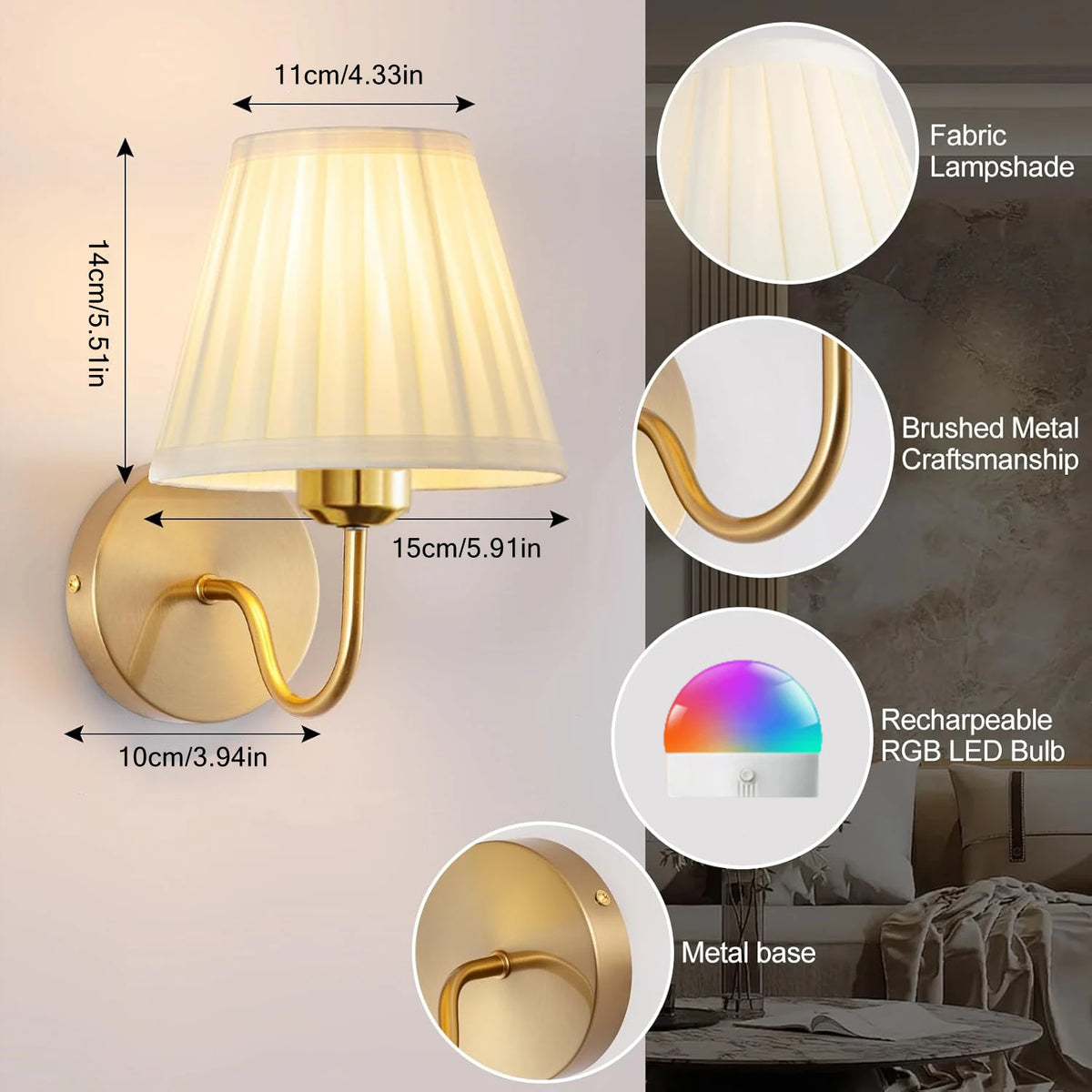 lampe murale sconce classique or abat jour plissé led télécommande 15 couleurs rvb chambre