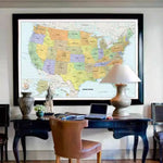 affiche murale carte états unis classique couleurs vives cadre noir détails cartographiques vintage maison