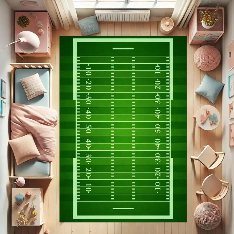 tapis football vert blanc moderne salon chambre décoration sport terrain lignes adhésif polypropylène polyester