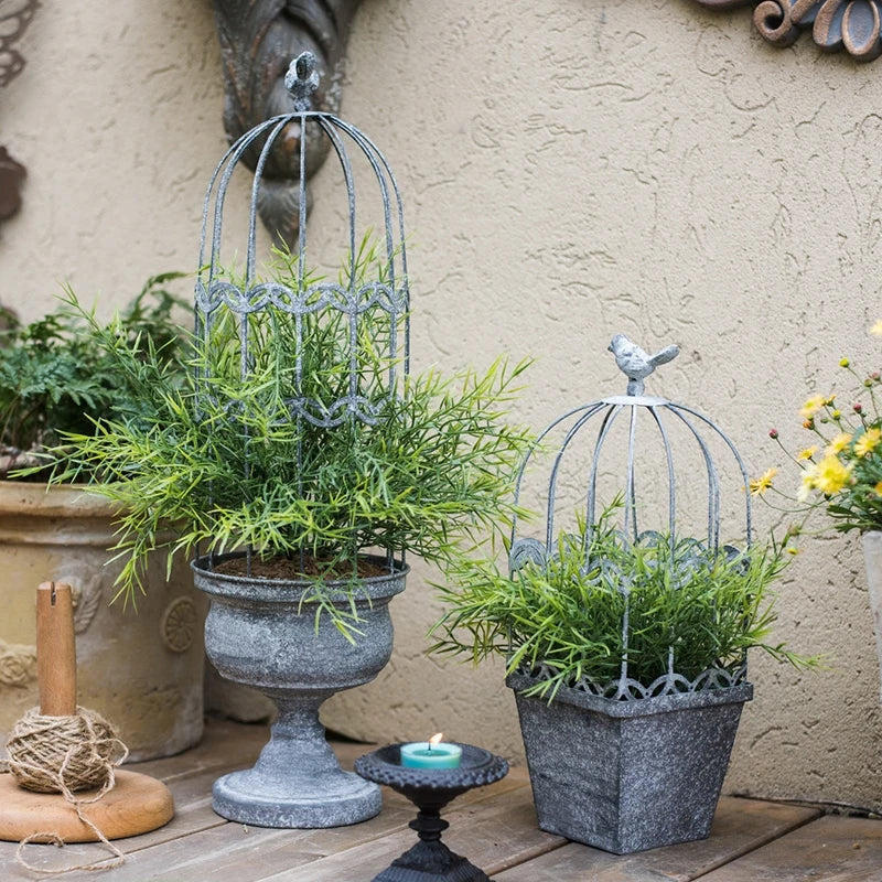 Cage oiseaux vintage métal gris filetage rustique plante oiseau décorative patio rural