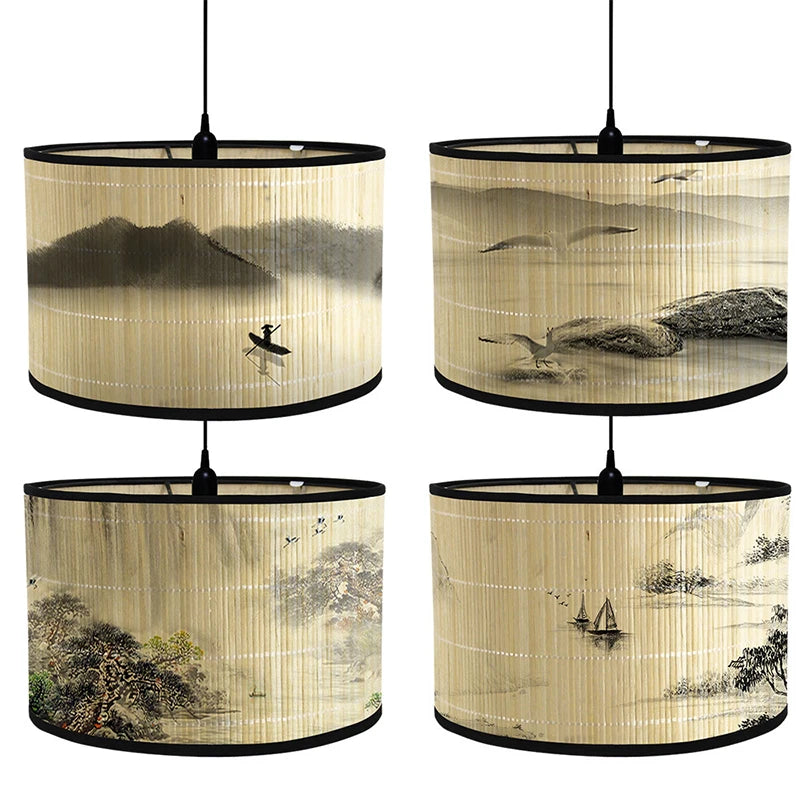 abat jour artisanal bambou illustration paysage oiseaux fleurs tringle contemporain