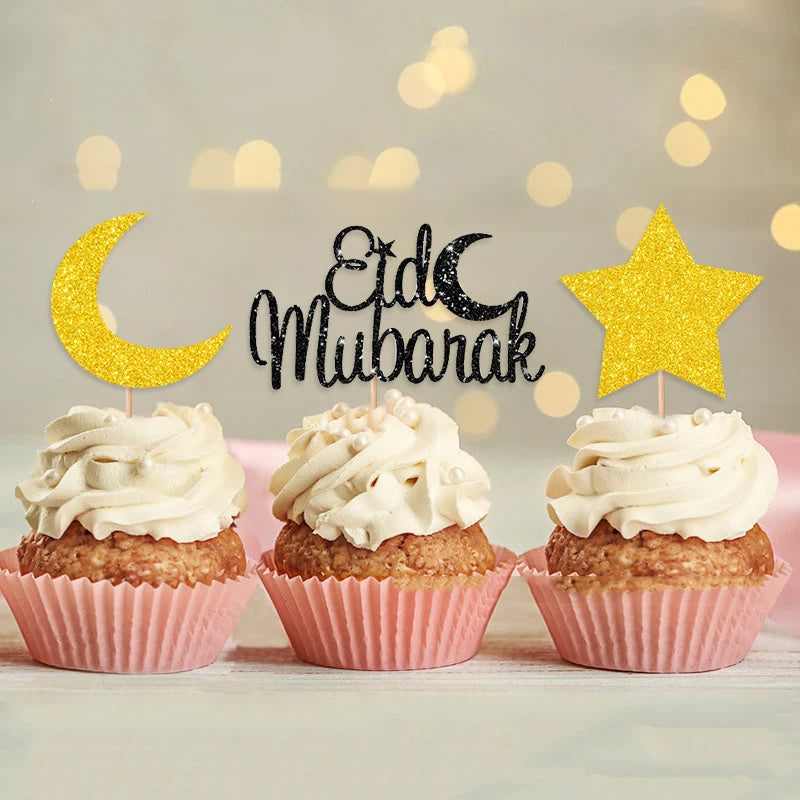 décoration gâteau or argent étoiles lune écriture cursive pique bois fête İslam festive