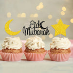 décoration gâteau or argent étoiles lune écriture cursive pique bois fête İslam festive