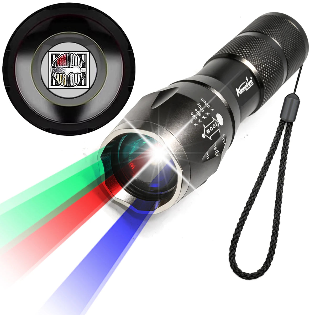 lampe torche led zoomable noir texturé moderne cordelette cache protection lumière intense pêche astronomie