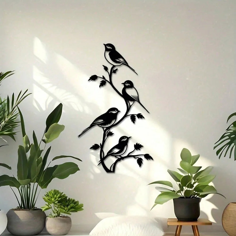 décoration murale oiseaux silhouettes feuilles métal noir blanc minimaliste nature