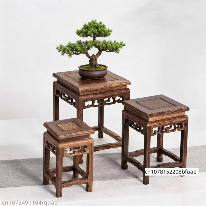 table d'appoint bois massif classique plante pot fleur statuette marron foncé finement sculptéintérieur décoration