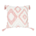 coussins boho chic rose clair blanc motif géométrique pompons opaques adhésifs