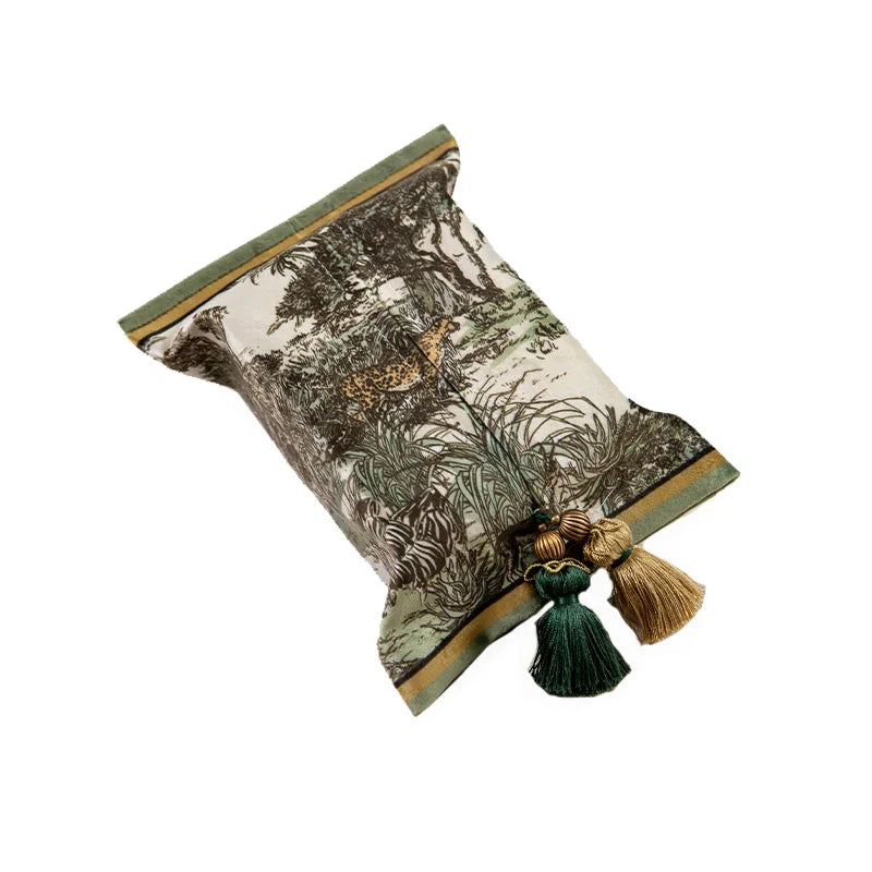 organisateur boîte mouchoirs vintage motif forêt adhésif couleurs vert beige opalescent salon chambre