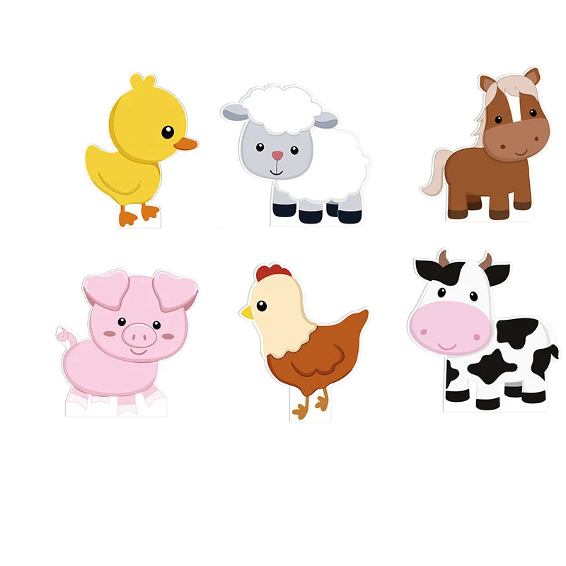 décorations fête animaux ferme porc poulet cheval vache mouton carton mousse rouge blanc bleu