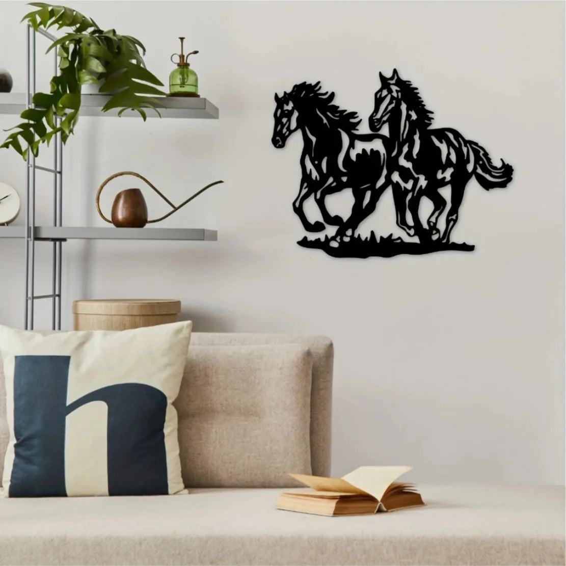 décoration murale métal chevaux noir beige silhouette rustique moderne 23.89cm 30.48cm découpe laser