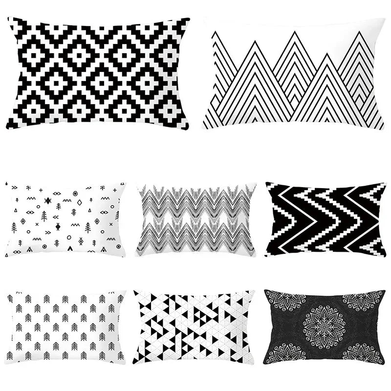 coussins géométriques motifs mandalas modernes polyester noir blanc minimaliste 30x50cm